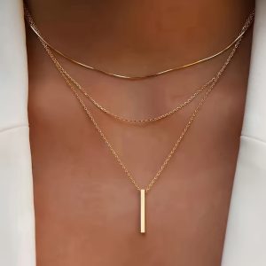 3pcs Chic Three-Dimensional Rectangular Strip Pendant Necklace Set - Simple Yet Stylish Design - Adjustable Rope Chain With Lobster Clasp - Perfect For Everyday Wear