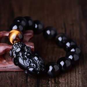 1pc Black Obsidian Wealth Bracelet - Feng Shui Pixiu Charm for Unisex - Elastic Stretch Bangle with Tiger Eye Stone - Attract Money, Good Luck & Abundance - Mystic Style for Everyday Wear