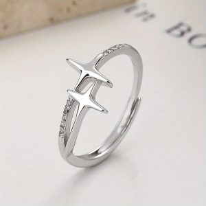 S925 Sterling Silver Cross Star Decor Double Layer Ring, Cute Open Adjustable Ring Simple Hand Jewelry.1.56g/0.06oz