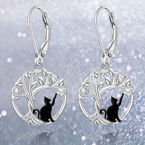 Fashion Black Cat Tree of Life round Earrings for Family and Friends Birthday Christmas Gift