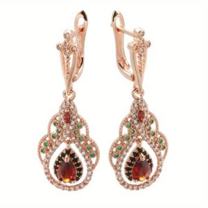 1pair Golden Color Teardrop Drop Earrings For Women Crystal Flower Red Zircon Earrings For Women Vintage Boho Jewelry