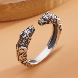 Dragon Ring, Dragon Carving Vintage Personalized Ancient French Ethnic Style Silver Double,Adjustable Ring, Open Band Design, Punk Biker Cocktail Gothic Fashion Jewelry, Unisex Accessory