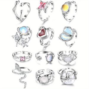 FIBO STEEL 12Pcs Y2k Rings Set for Women Grunge Jewelry Silver Adjustable Open Ring Moonstone Heart Cute Gothic Goth Aesthetic Y2k Accessories Stacking Rings Set