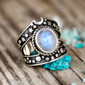 1Pc Delicate Moonstone Small Star Moon Hollow Geometric Bohemian Vintage Stainless Steel Antique Silver Color Ring Women Daily Party Holiday Banquet