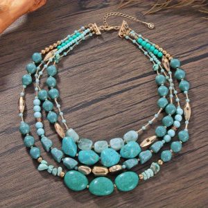 4PCS natural turquoise and acrylic gemstone mixed necklace, suitable for wearing at parties and giving gifts to girls