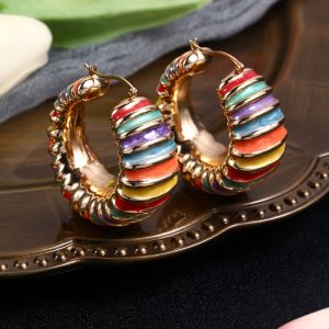 1 Pair, Colorful Striped Enamel Drop Earrings, Vintage Elegant Style, Luxury Rainbow Half Hoop Party Jewelry, Unique Geometric Design, Create Exquisite Look