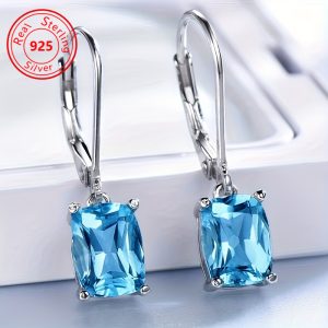 1 Pair of Blue Zircon Pendant Hoop Earrings 925 Sterling Silver Earrings Elegant Style Jewelry Gift for Ladies