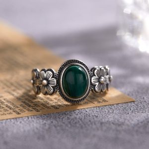 S925 sterling silver with natural malachite colored gemstone ring women's vintage personality Thai silver open ring