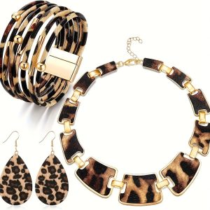 4pcs Leopard Print Jewelry Set for Teen Girls: Vintage Earrings, Necklace & Bracelet, Elegant Party Gift