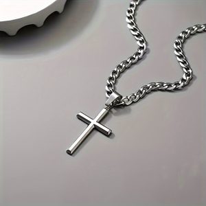 925 Sterling Silver (6.3 Grams Of Silver) Beveled Edge Cross Necklace 5mm Stainless Steel Diamond Cut Durable Cuban Chain Cross Pendant Necklace Jewelry 18 Inches Comes With Beautiful Gift Box