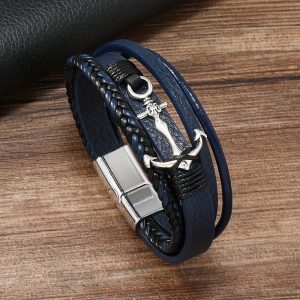 1pc Stylish Multi-Layer Braided Faux Leather Men's Boat Anchor Bracelet - Versatile Magnetic Buckle, Cool Fashion Accessory for Everyday Wear - Perfect Gift for Him