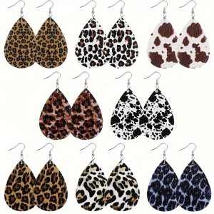 8 Pairs Of Leopard Print Retro Water Drop Women's Earrings Set, Fashionable Women's Earrings Jewelry, Autumn And Winter Essential Earrings, PU Artificial Leather Party Gifts, Women's Jewelry Jewelry Jewelry Thanksgiving Gift