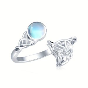 Moonstone Wolf Adjustable Ring Celtic Knot Open Ring Size 9